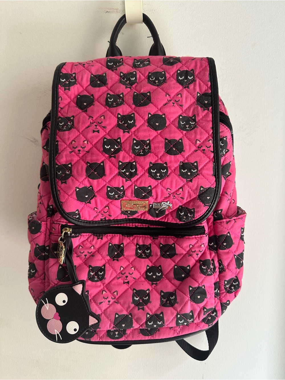 Luv Betsey Johnson Pink Black Cat Quilted Backpack Kitty Charm School Bag